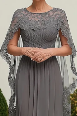 Cinza Renda Linha-A Plissado Longo Vestido Mae Noiva