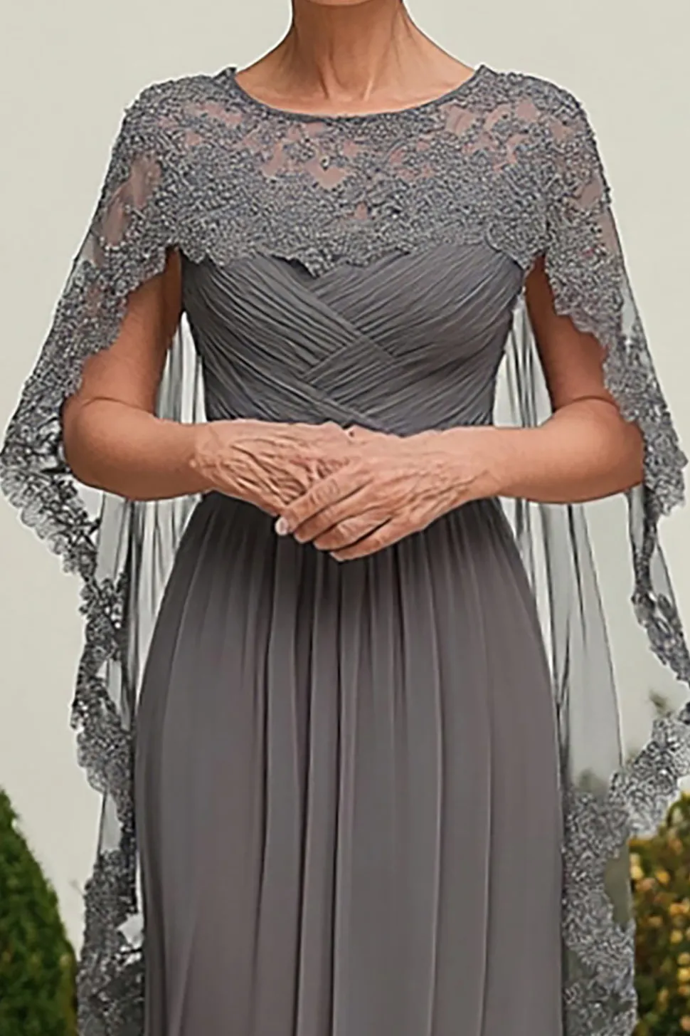 Cinza Renda Linha-A Plissado Longo Vestido Mae Noiva