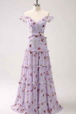 Cinza roxo A-line fora do ombro vestido floral da dama de honra
