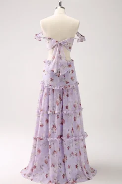 Cinza roxo A-line fora do ombro vestido floral da dama de honra