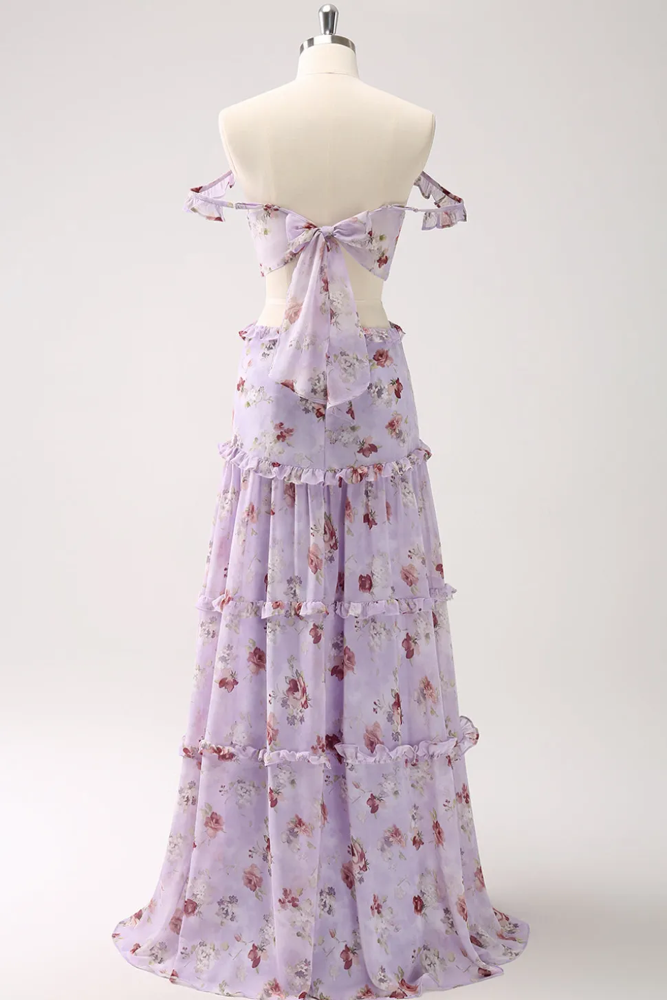 Cinza roxo A-line fora do ombro vestido floral da dama de honra