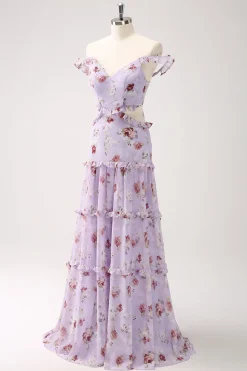 Cinza roxo A-line fora do ombro vestido floral da dama de honra