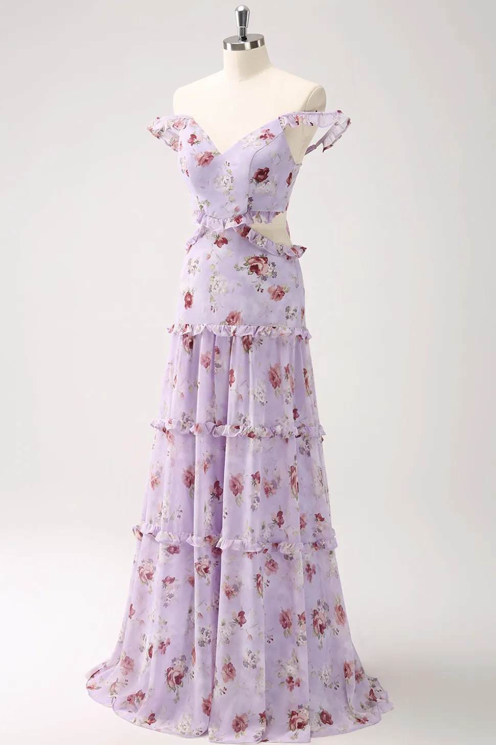 Cinza roxo A-line fora do ombro vestido floral da dama de honra
