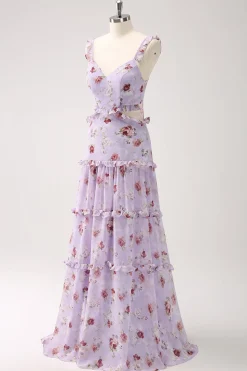 Cinza roxo A-line fora do ombro vestido floral da dama de honra