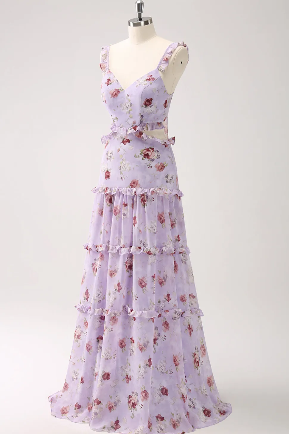 Cinza roxo A-line fora do ombro vestido floral da dama de honra