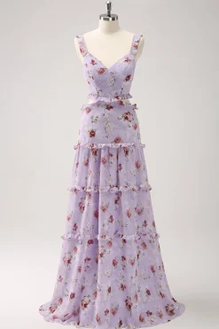 Cinza roxo A-line fora do ombro vestido floral da dama de honra