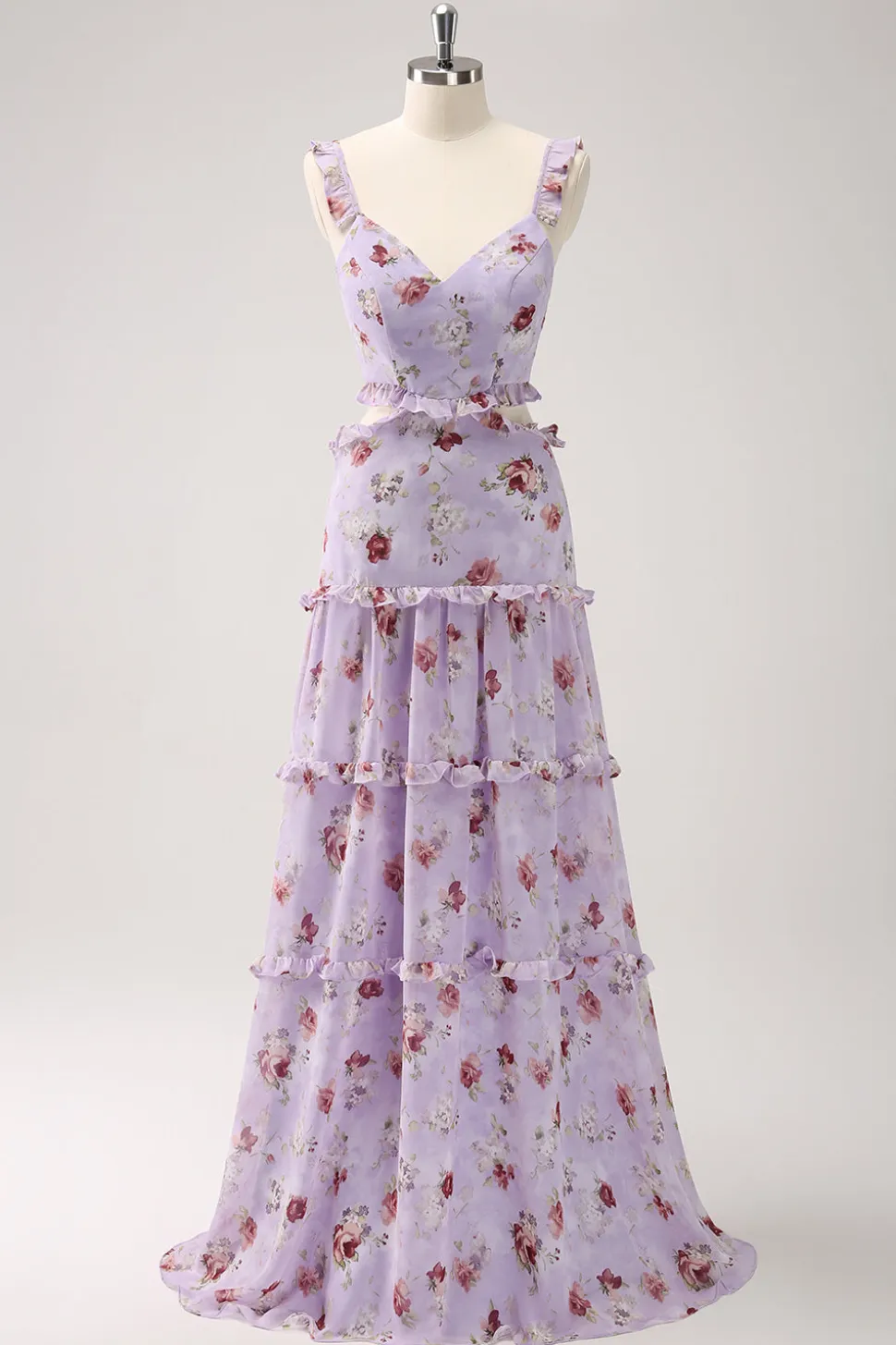 Cinza roxo A-line fora do ombro vestido floral da dama de honra