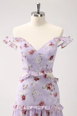 Cinza roxo A-line fora do ombro vestido floral da dama de honra