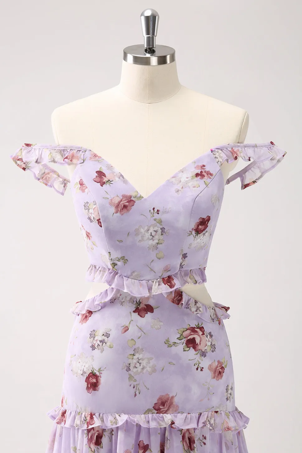 Cinza roxo A-line fora do ombro vestido floral da dama de honra