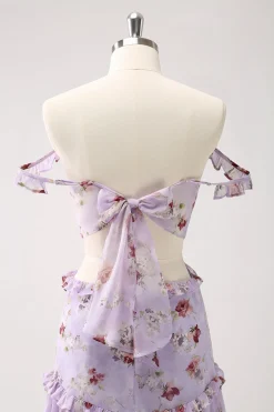 Cinza roxo A-line fora do ombro vestido floral da dama de honra