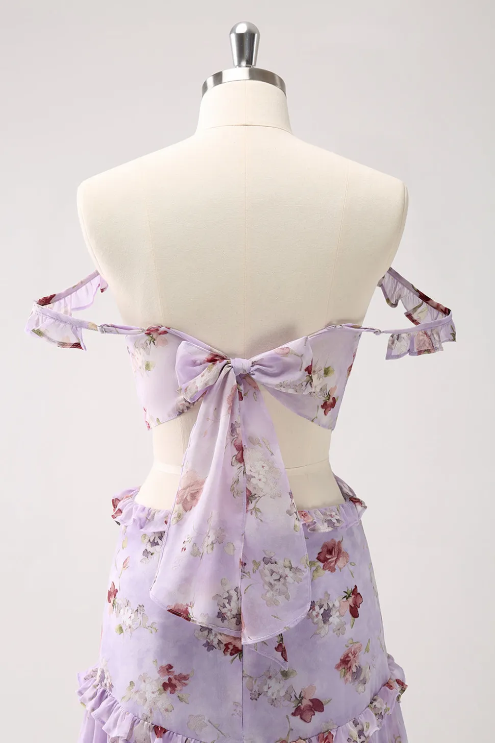 Cinza roxo A-line fora do ombro vestido floral da dama de honra