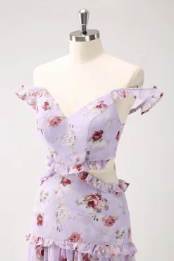 Cinza roxo A-line fora do ombro vestido floral da dama de honra