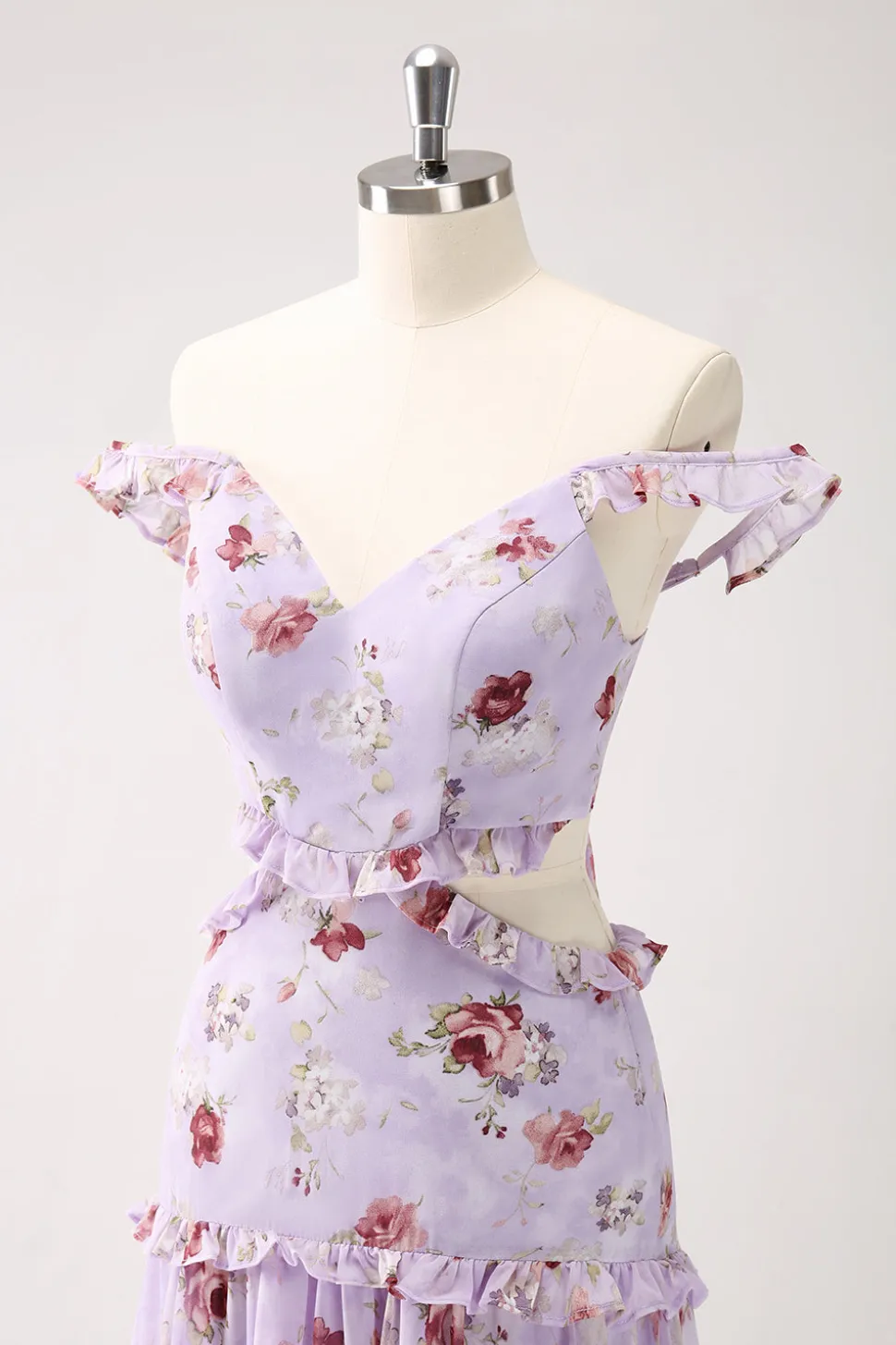 Cinza roxo A-line fora do ombro vestido floral da dama de honra