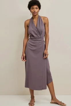 Cinza Roxo Cetim Cabeçada Midi Vestido Para Casamento Convidada