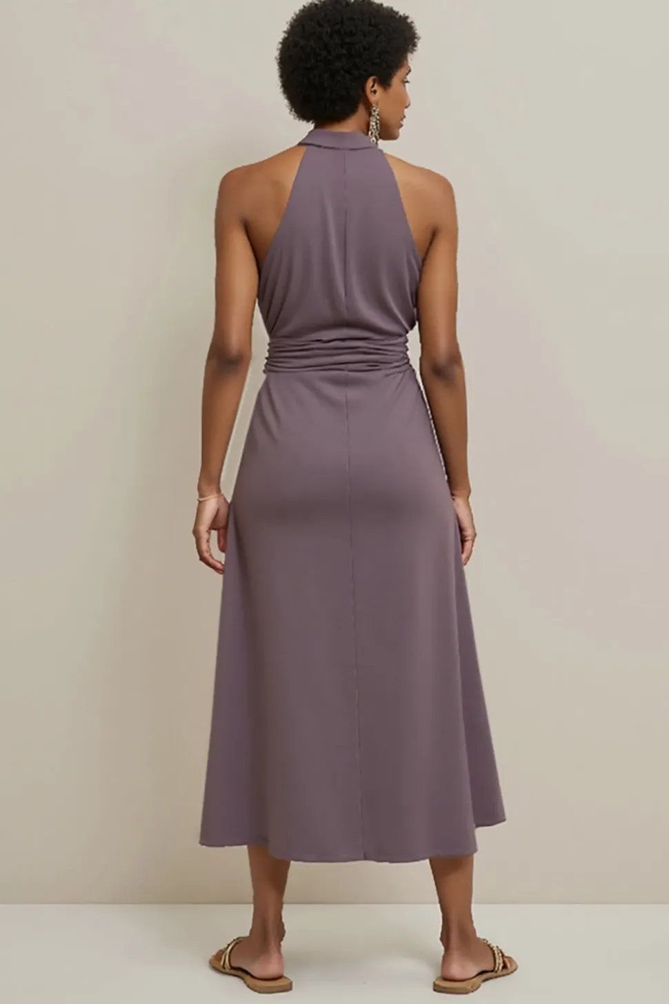 Cinza Roxo Cetim Cabeçada Midi Vestido Para Casamento Convidada