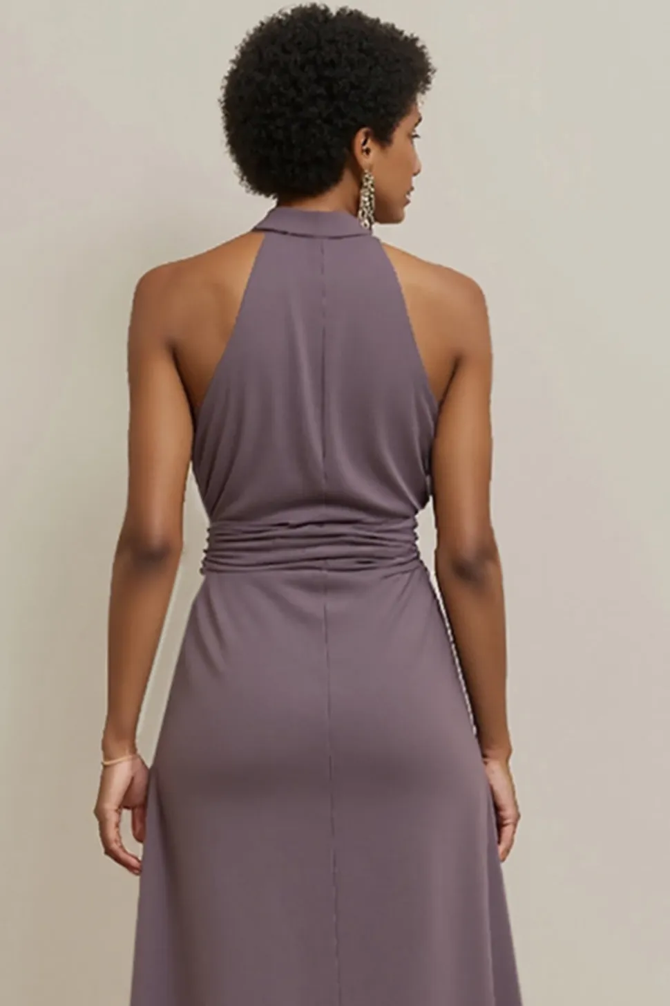 Cinza Roxo Cetim Cabeçada Midi Vestido Para Casamento Convidada