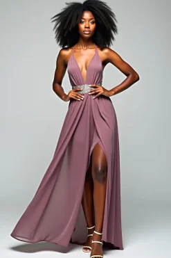 Cinza roxo Halter bainha longo vestido formal com fenda
