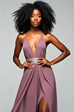 Cinza roxo Halter bainha longo vestido formal com fenda