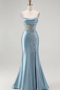 Cinza Sereia Azul Frisado Espartilho Longo Vestido de Baile com Fenda