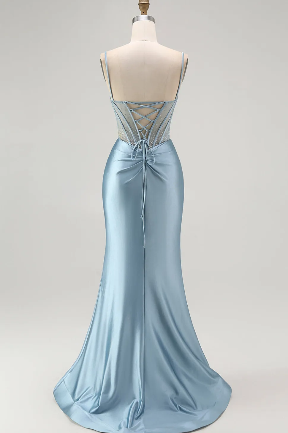 Cinza Sereia Azul Frisado Espartilho Longo Vestido de Baile com Fenda