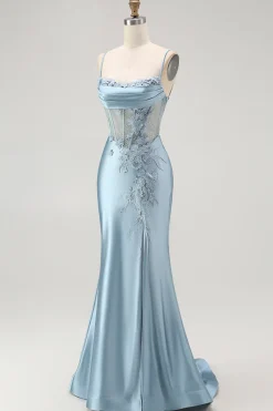 Cinza Sereia Azul Frisado Espartilho Longo Vestido de Baile com Fenda