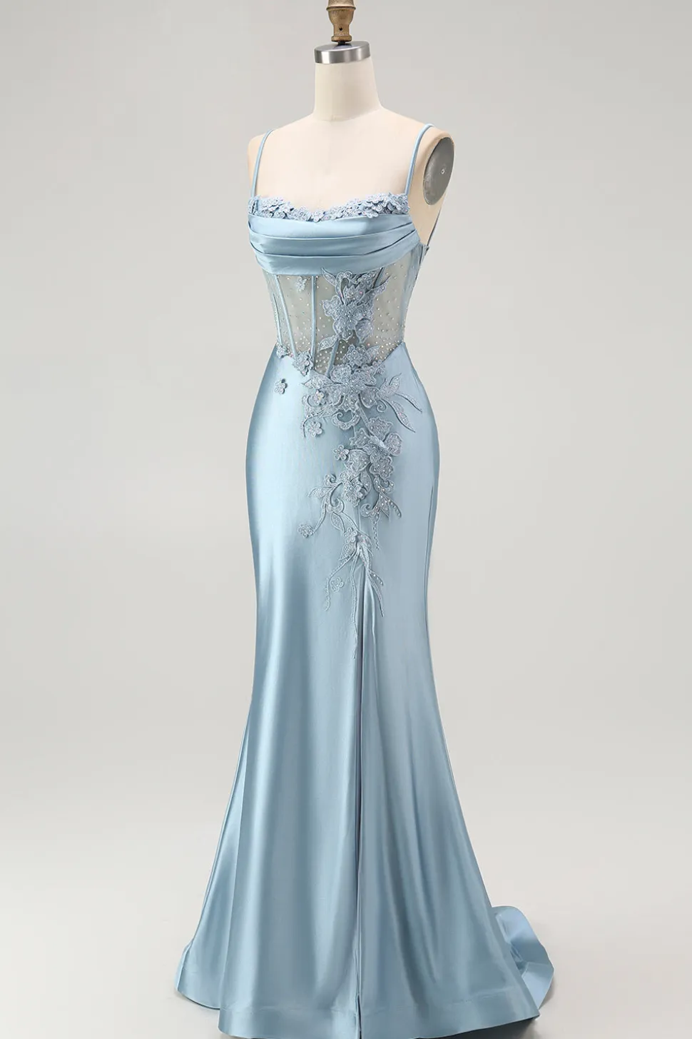 Cinza Sereia Azul Frisado Espartilho Longo Vestido de Baile com Fenda