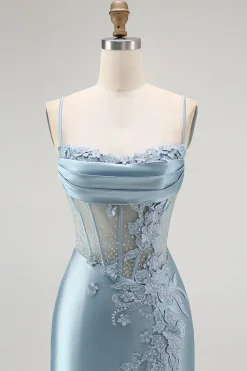 Cinza Sereia Azul Frisado Espartilho Longo Vestido de Baile com Fenda