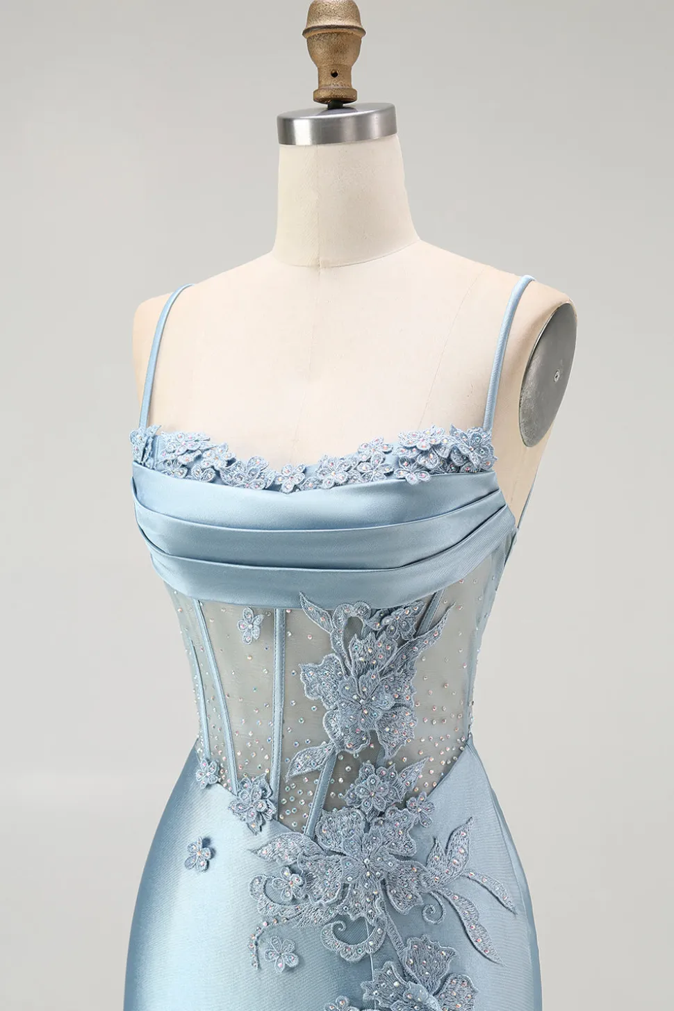 Cinza Sereia Azul Frisado Espartilho Longo Vestido de Baile com Fenda