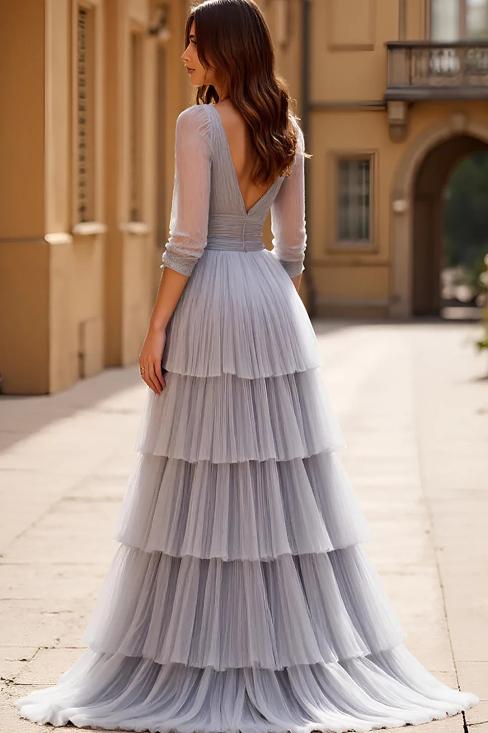 Cinza Tule Linha-A Mangas Compridas Longo Vestido De Baile
