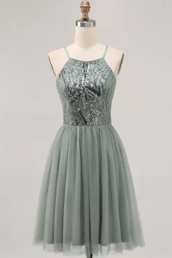 Cinza Verde A-line Tule Sequins Vestido Curto Homecoming com Sequins