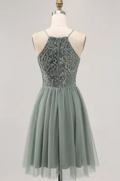 Cinza Verde A-line Tule Sequins Vestido Curto Homecoming com Sequins