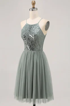 Cinza Verde A-line Tule Sequins Vestido Curto Homecoming com Sequins