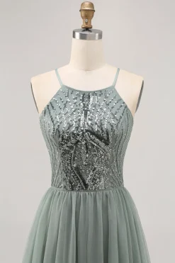 Cinza Verde A-line Tule Sequins Vestido Curto Homecoming com Sequins