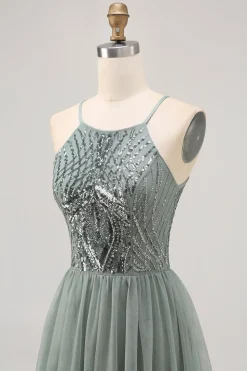Cinza Verde A-line Tule Sequins Vestido Curto Homecoming com Sequins