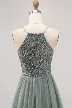 Cinza Verde A-line Tule Sequins Vestido Curto Homecoming com Sequins