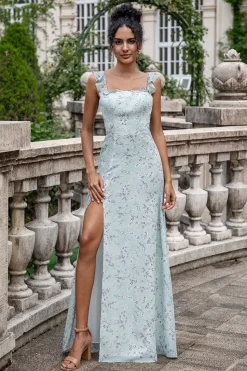 Cinza Verde Bainha Floral Print Long Chiffon vestido de dama de honra com fenda