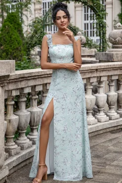 Cinza Verde Bainha Floral Print Long Chiffon vestido de dama de honra com fenda