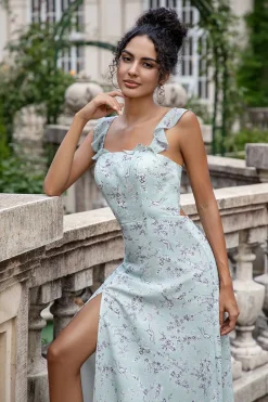 Cinza Verde Bainha Floral Print Long Chiffon vestido de dama de honra com fenda