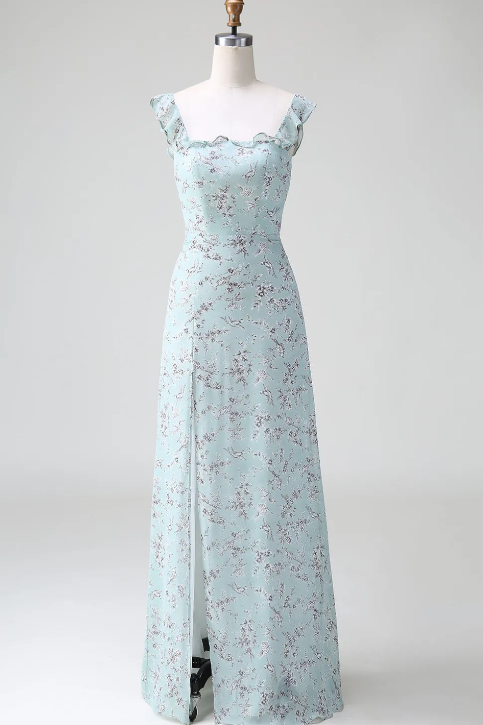 Cinza Verde Bainha Floral Print Long Chiffon vestido de dama de honra com fenda