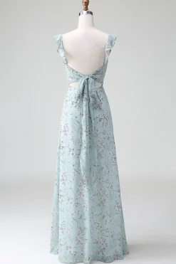 Cinza Verde Bainha Floral Print Long Chiffon vestido de dama de honra com fenda