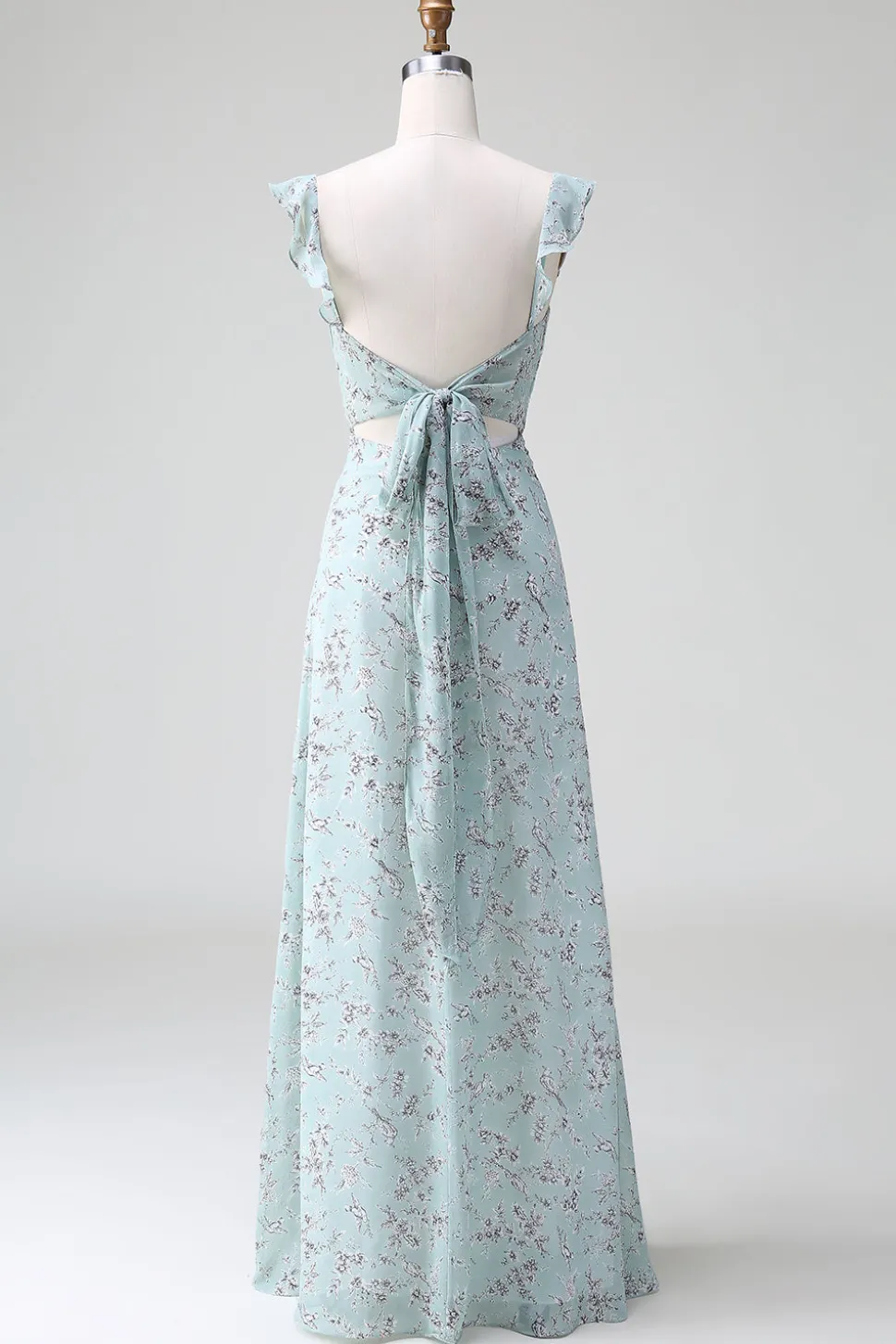 Cinza Verde Bainha Floral Print Long Chiffon vestido de dama de honra com fenda