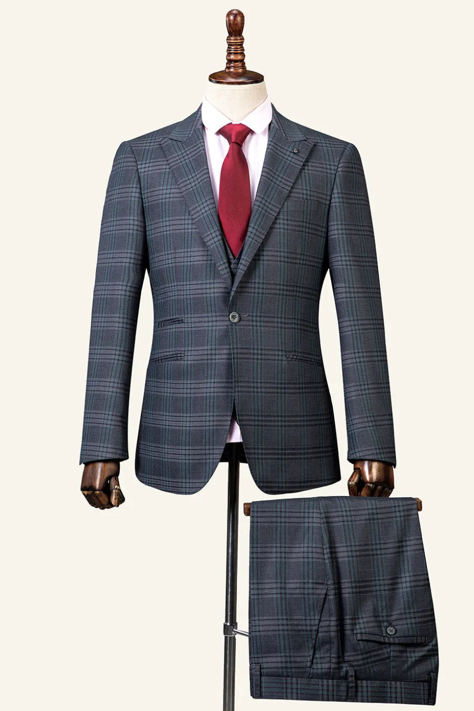Cinza Xadrez 3 Peças Lapela de Pico Terno Masculino