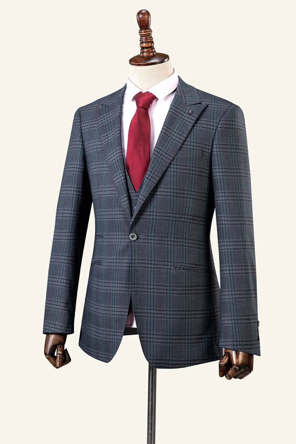 Cinza Xadrez 3 Peças Lapela de Pico Terno Masculino