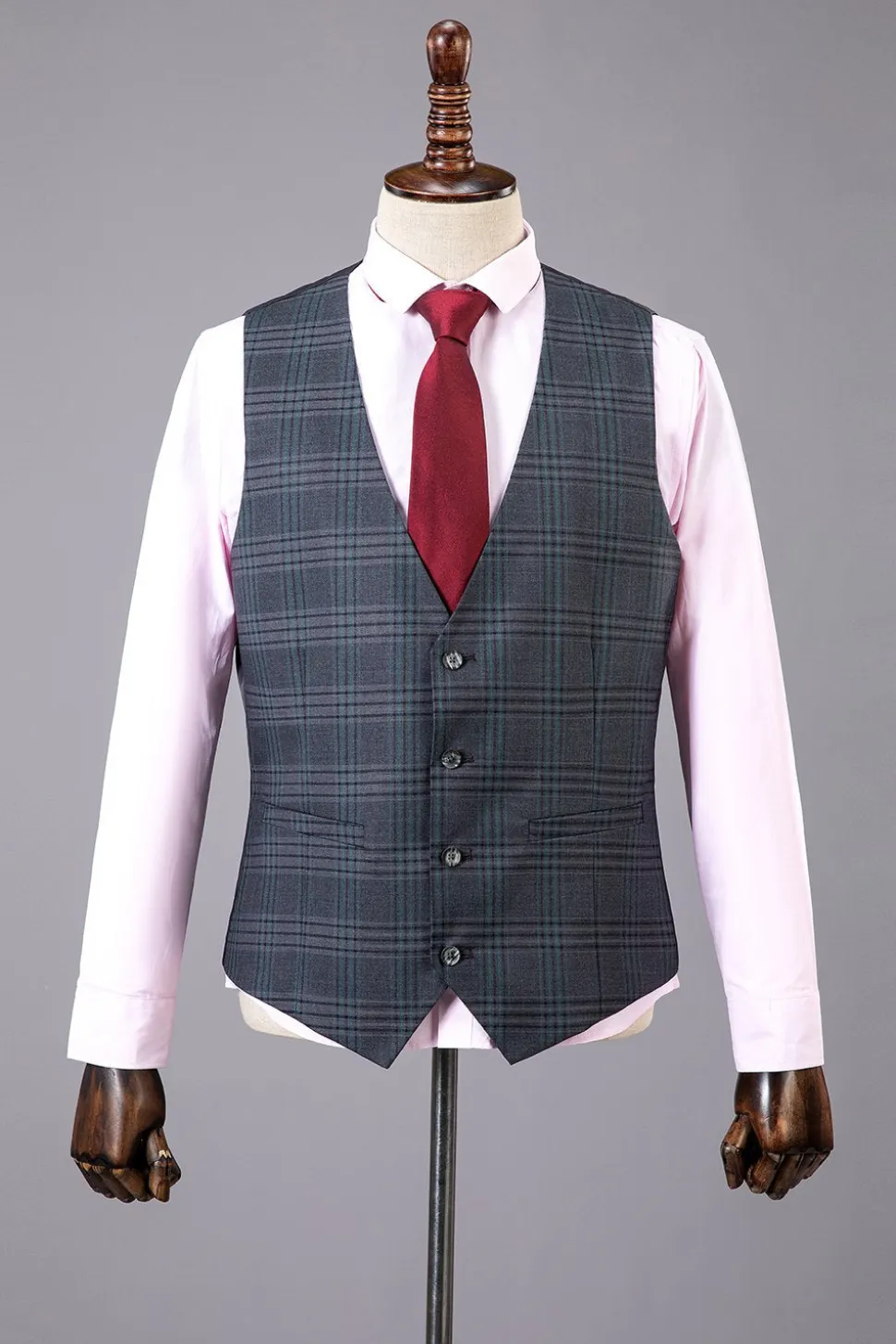 Cinza Xadrez 3 Peças Lapela de Pico Terno Masculino