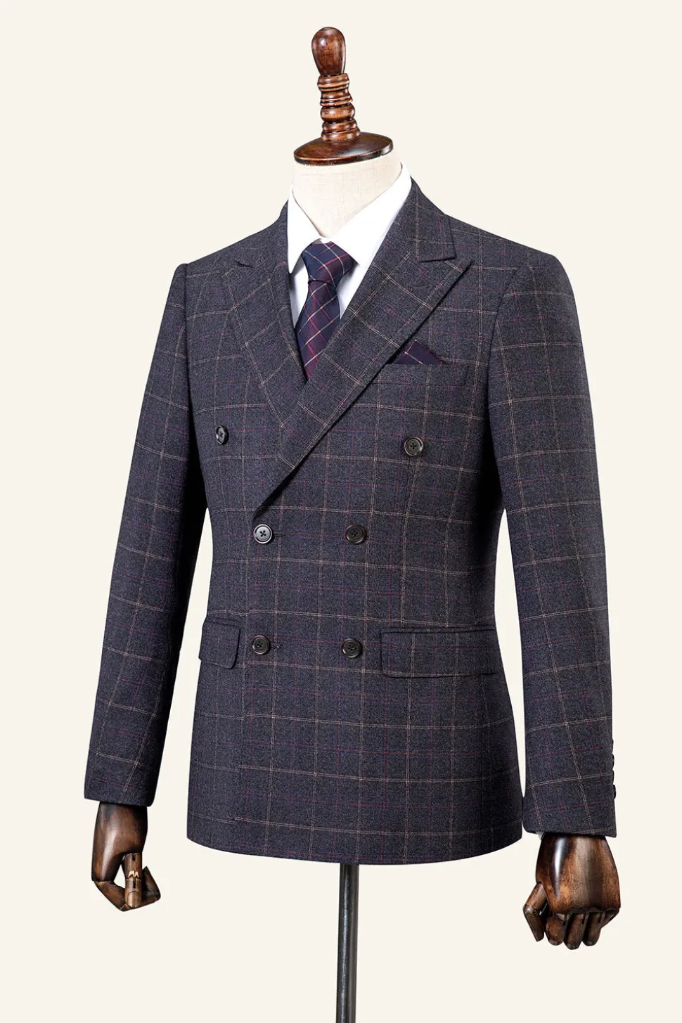 Cinza Xadrez Duplo Peito 2 Peças Terno Masculino