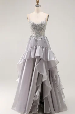 Cinzento A Line Beaded Sheer Corset Long Ruffle Prom Dress with Slit