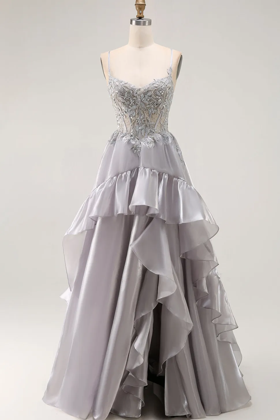 Cinzento A Line Beaded Sheer Corset Long Ruffle Prom Dress with Slit