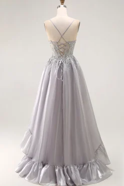 Cinzento A Line Beaded Sheer Corset Long Ruffle Prom Dress with Slit