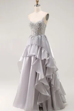 Cinzento A Line Beaded Sheer Corset Long Ruffle Prom Dress with Slit
