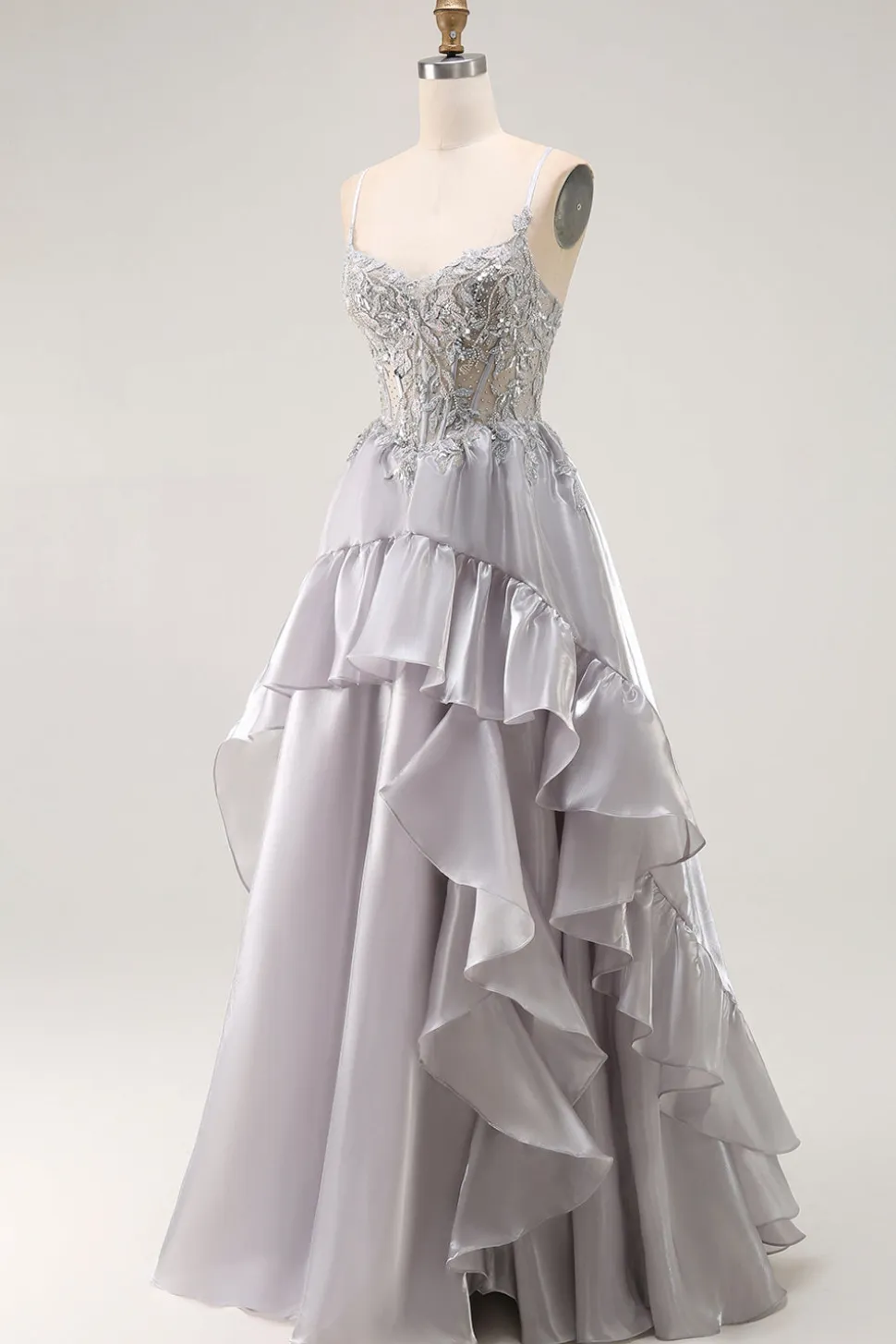 Cinzento A Line Beaded Sheer Corset Long Ruffle Prom Dress with Slit